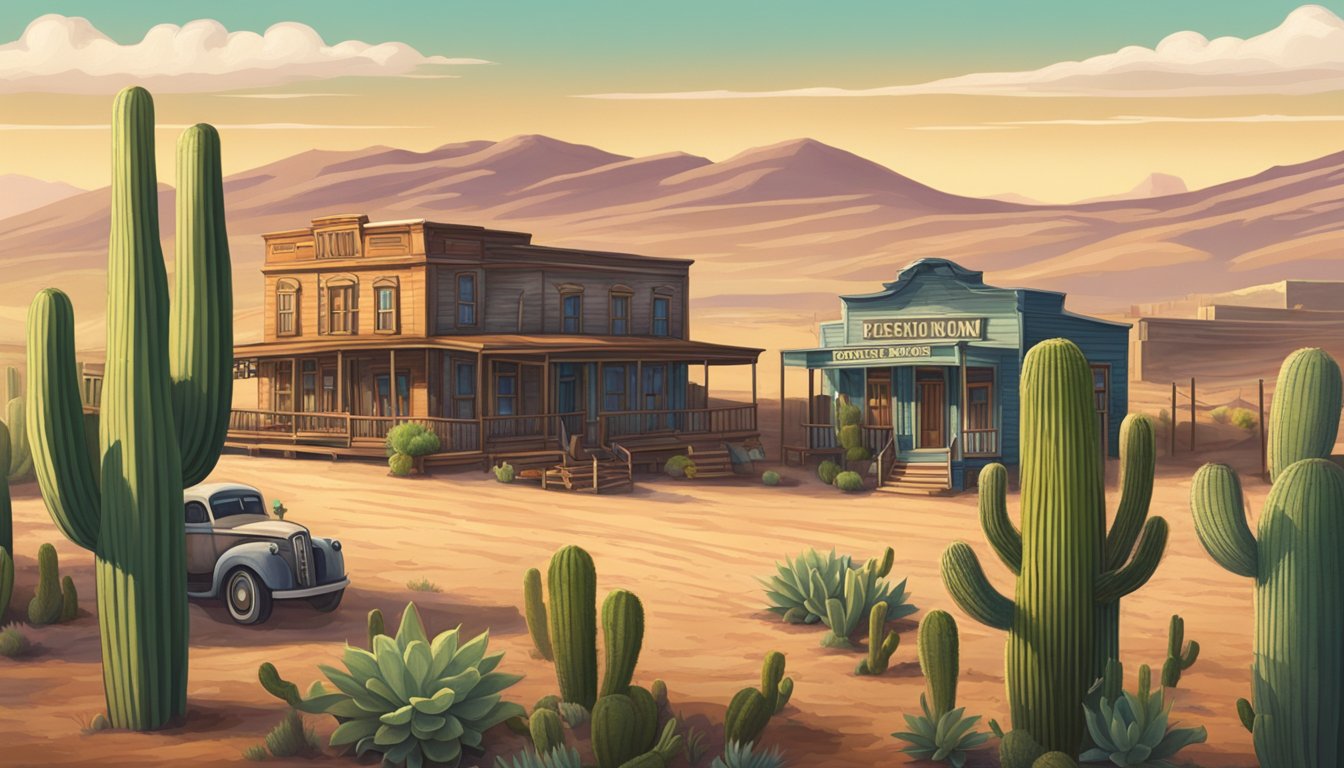 A dusty western town with a courthouse and a saloon, surrounded by rolling hills and cacti under a big Texas sky