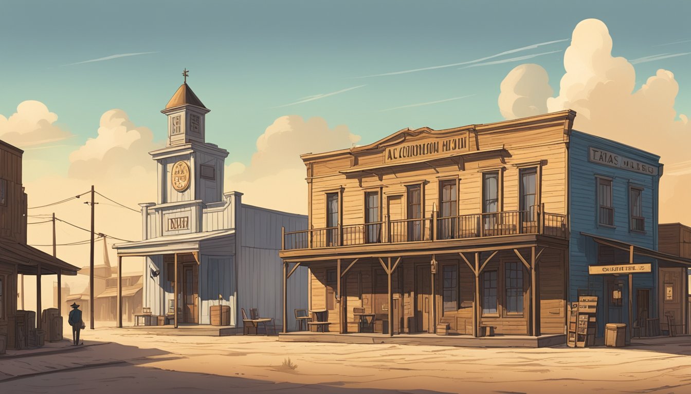 A rustic Texas town with a courthouse and a saloon on a dusty street, with signs indicating alcohol laws