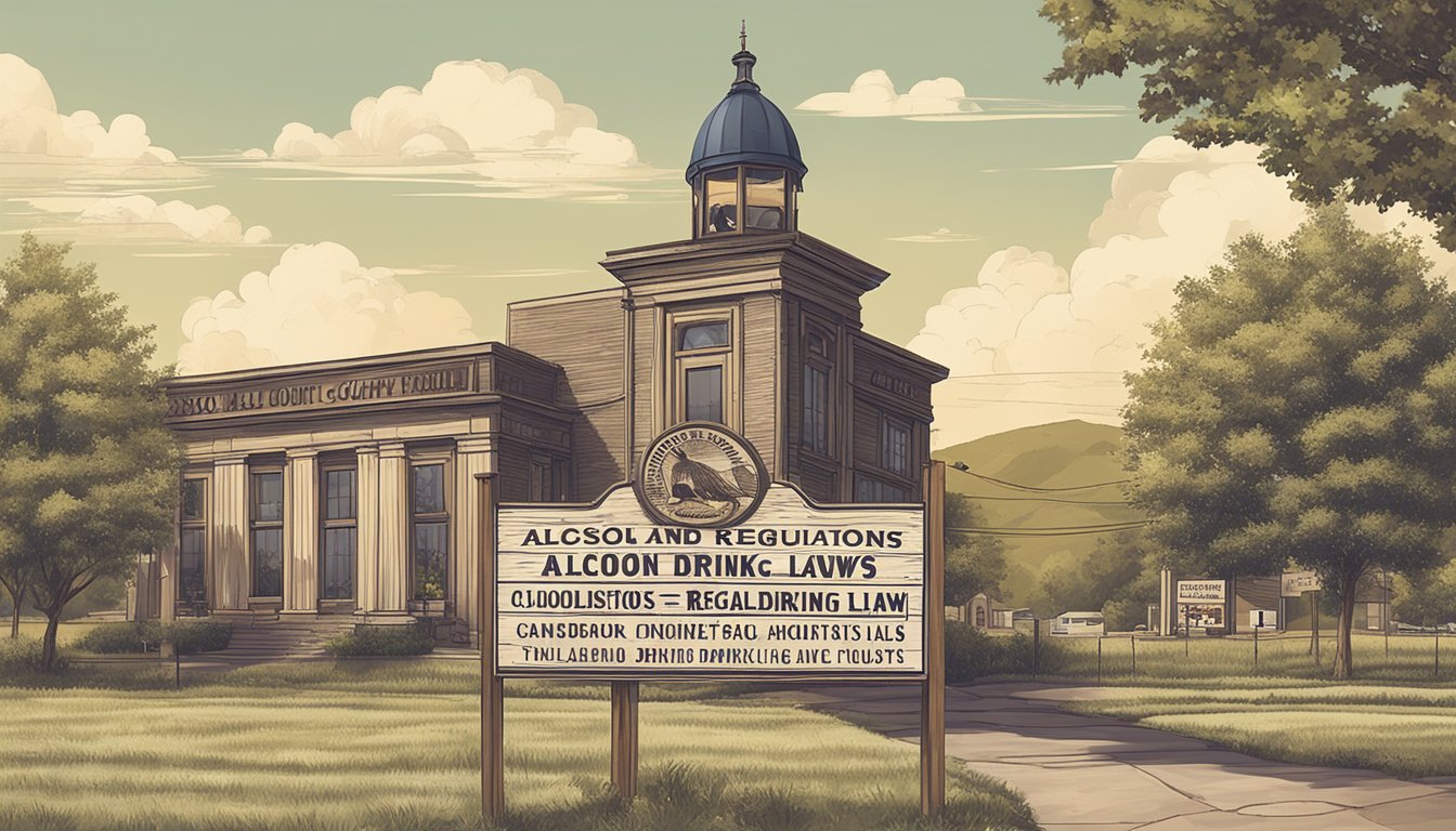 A rustic wooden sign with "Mason County Regulations" and "Alcohol and Drinking Laws" posted in front of a small town courthouse