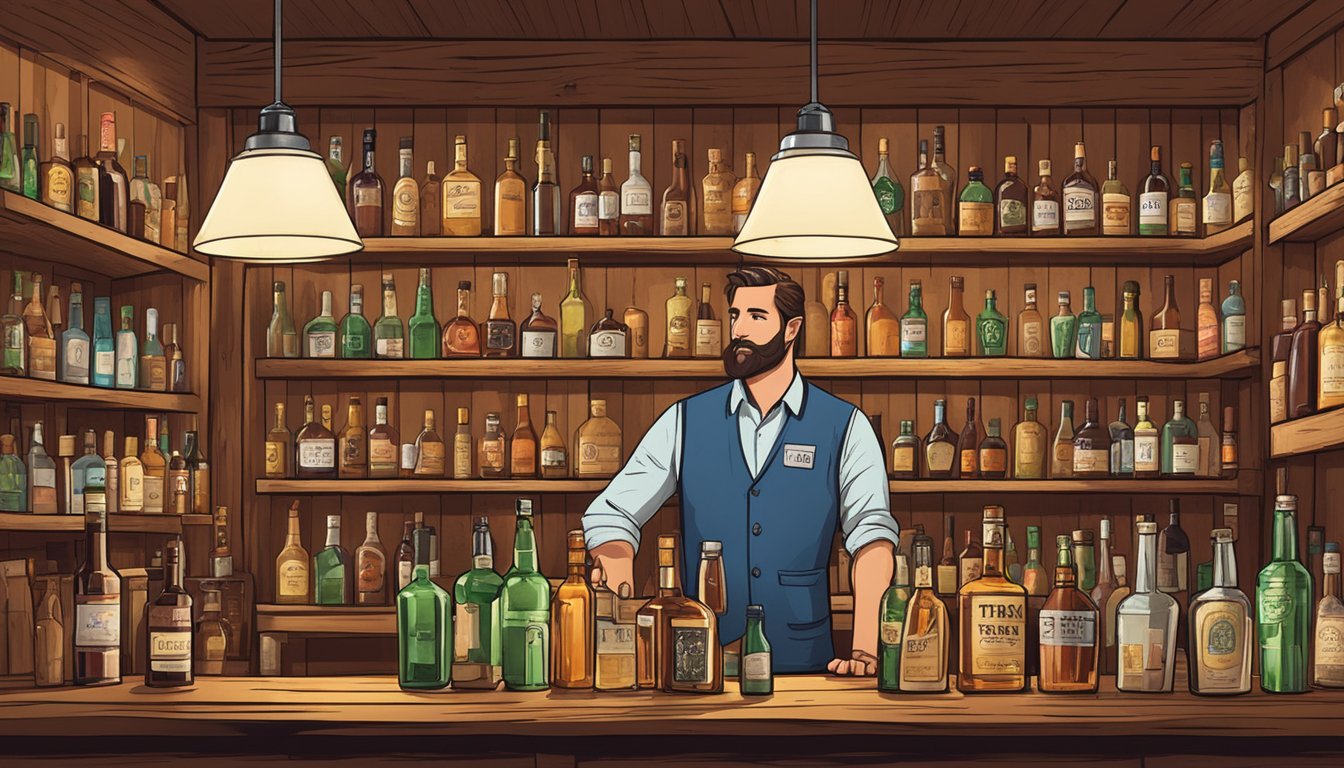 A rustic bar with shelves of alcohol bottles, a bartender serving a customer, and a sign displaying Texas alcohol laws