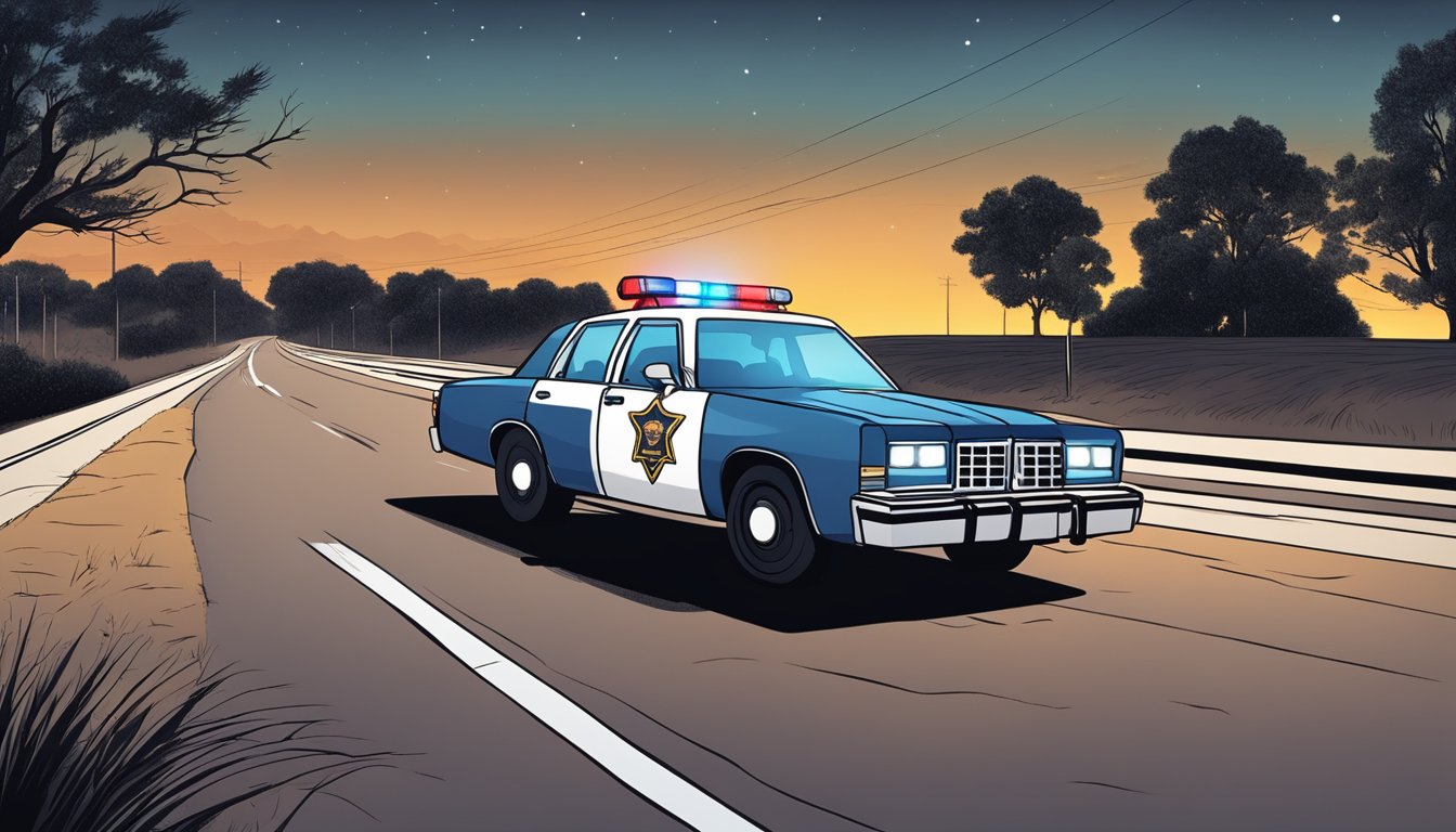 A police car pulls over a swerving vehicle on a dark, empty road in Mitchell County, Texas. The officer administers a field sobriety test