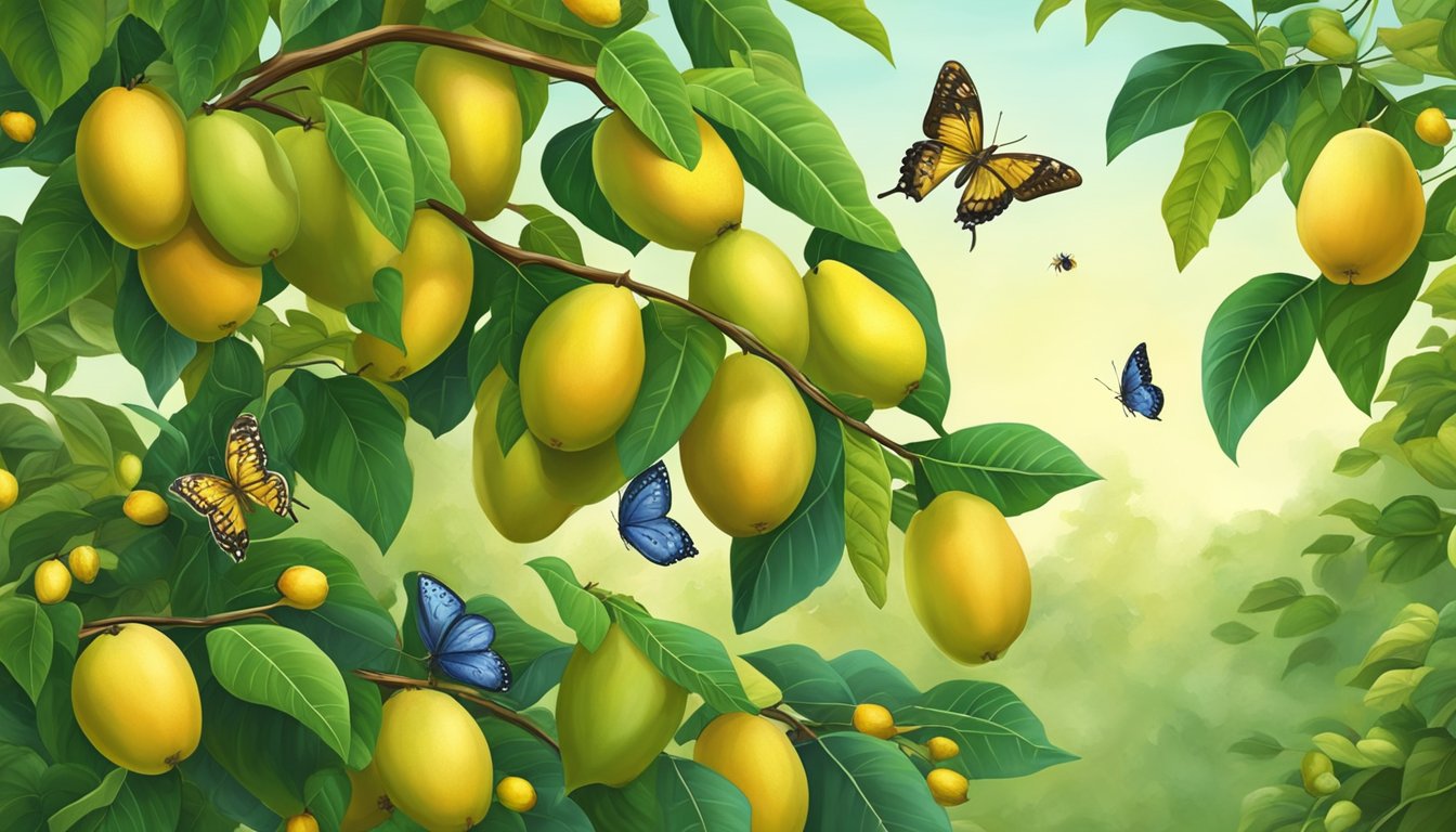 A vibrant pawpaw tree with lush green leaves and ripe, golden fruit hanging from its branches. Bees and butterflies flutter around the blossoms