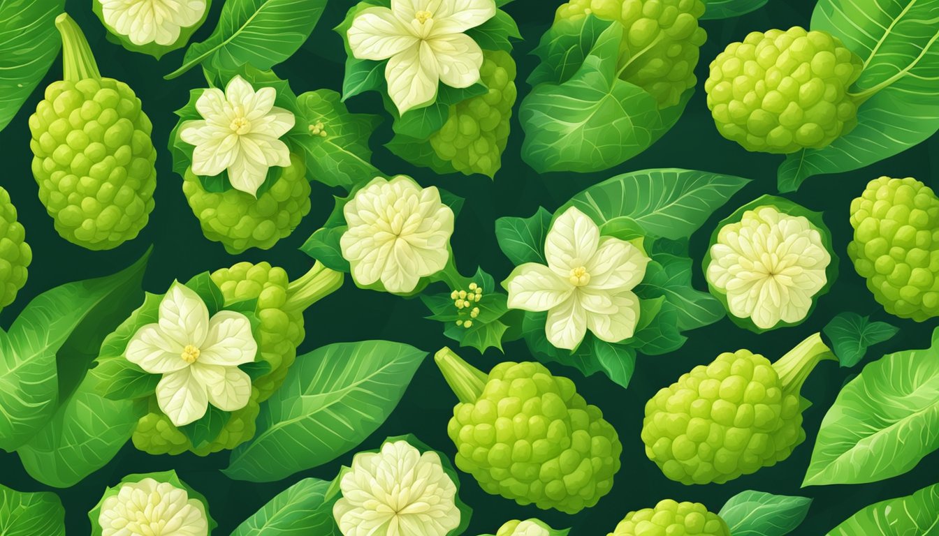 A vibrant noni fruit surrounded by lush green leaves and blooming flowers, with rays of sunshine highlighting its health benefits