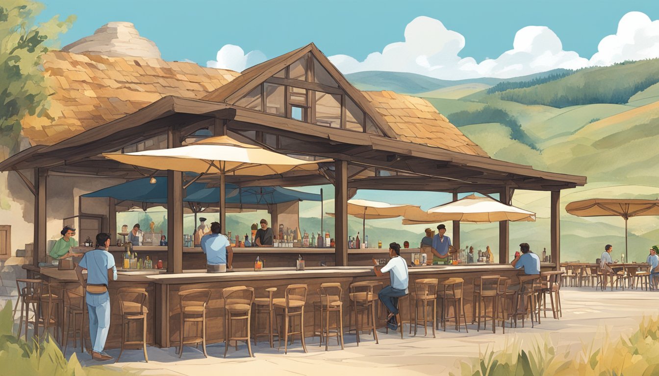 An outdoor scene with a rustic bar setting, surrounded by rolling hills and a clear blue sky. Tables and chairs are scattered around, with a few people enjoying drinks