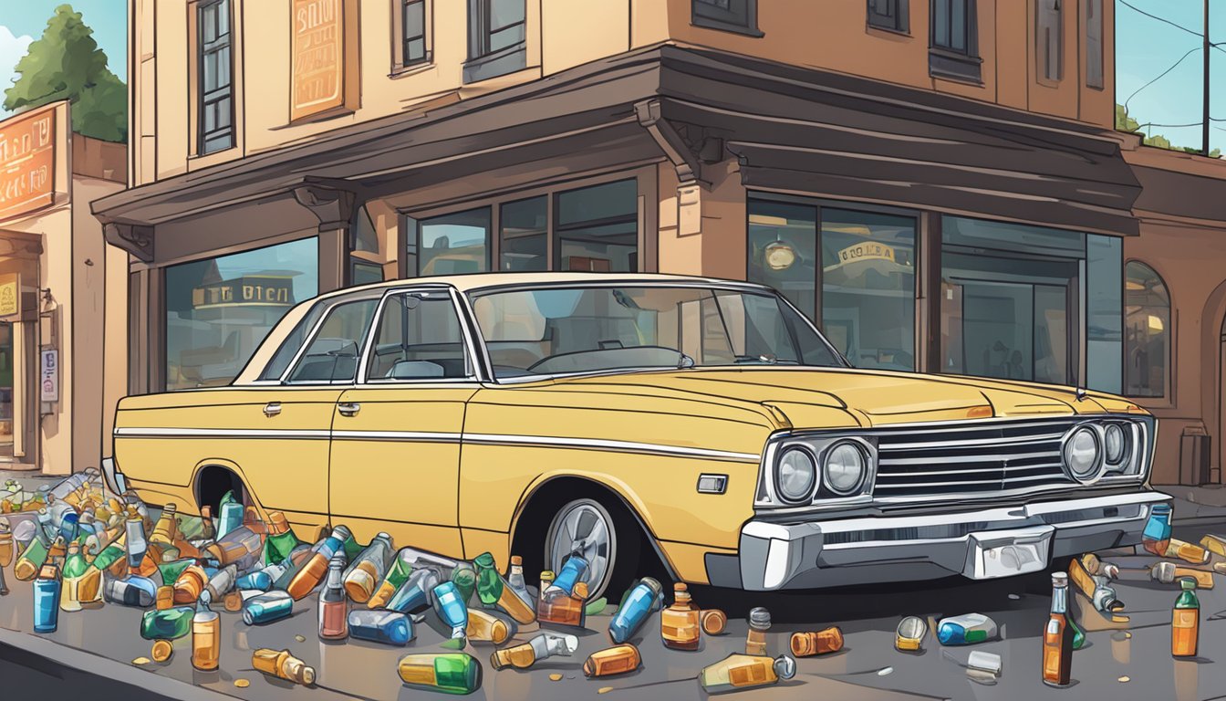 A car parked outside a bar with empty alcohol bottles scattered on the ground