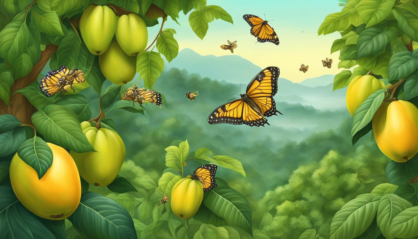 A lush pawpaw tree with ripe fruit, surrounded by buzzing bees and butterflies, set against a backdrop of green foliage