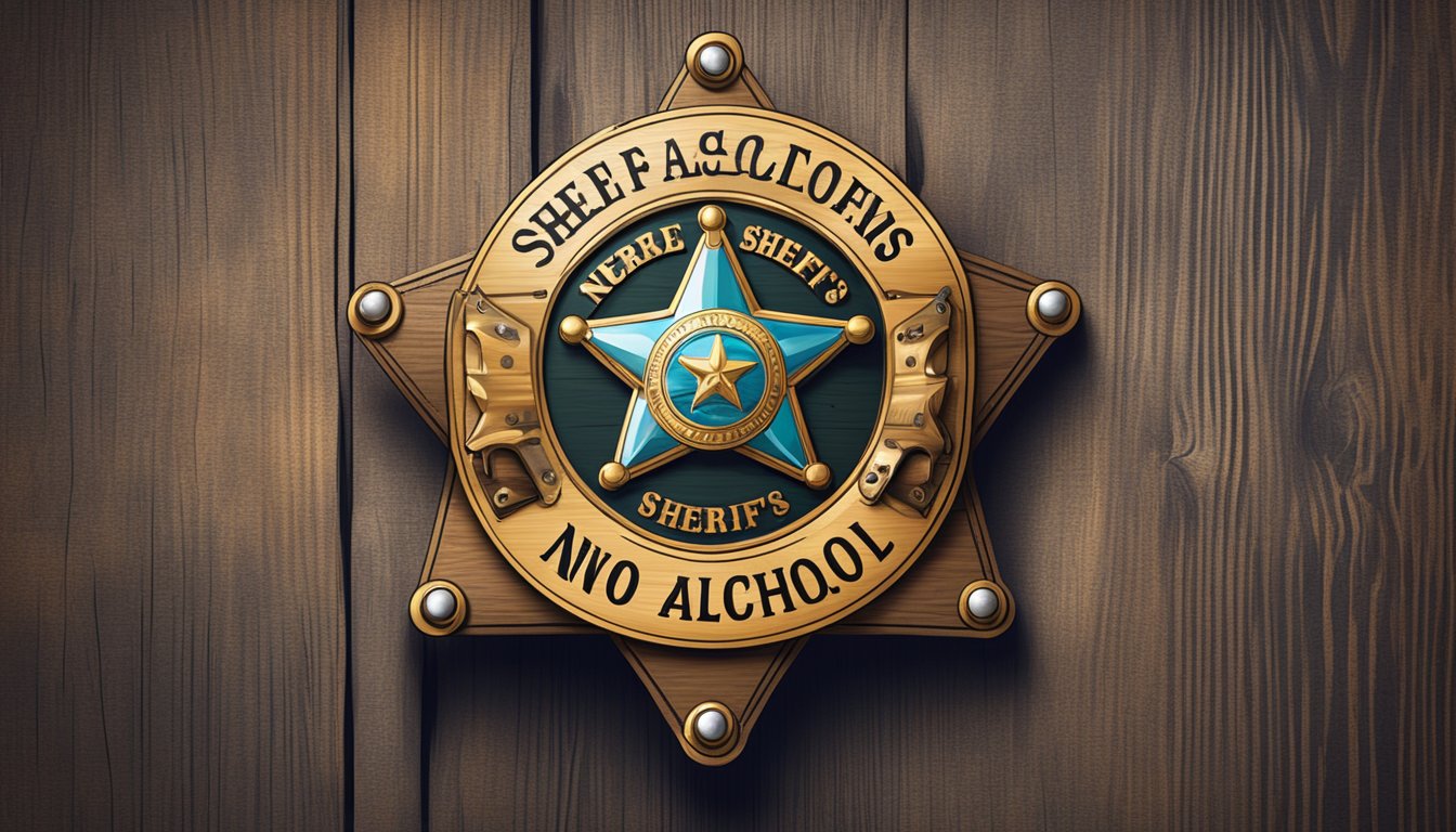 A sheriff's badge pinned to a wooden post with a "No Alcohol" sign in the background