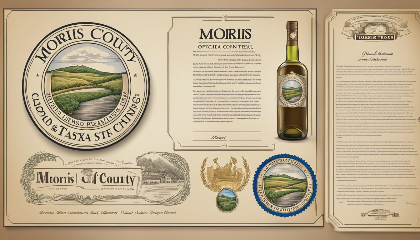 An official seal of Morris County, Texas with a liquor license and regulation document beside it