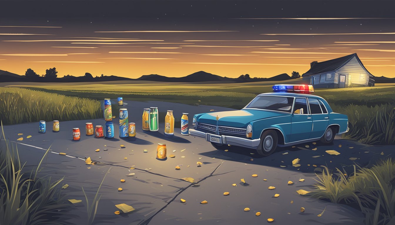 A deserted country road at night, with empty beer cans scattered on the ground and a police car parked nearby