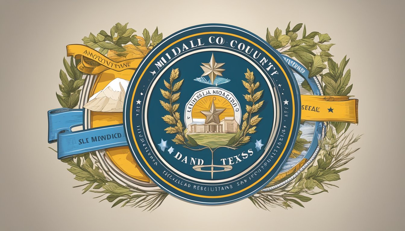 An official seal of Midland County, Texas surrounded by symbols of alcohol and regulations