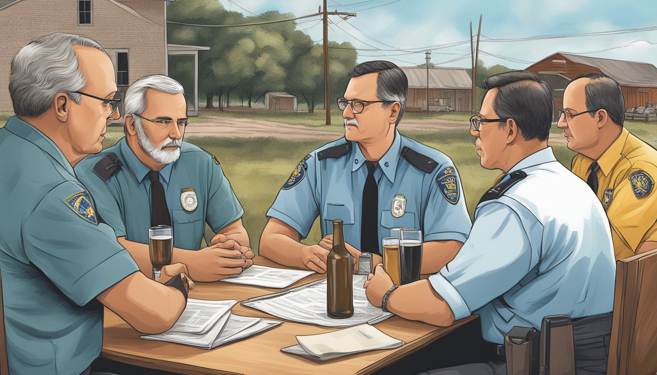 A group of officials in Madison County, Texas, discussing and implementing alcohol and drinking laws in a rural town setting