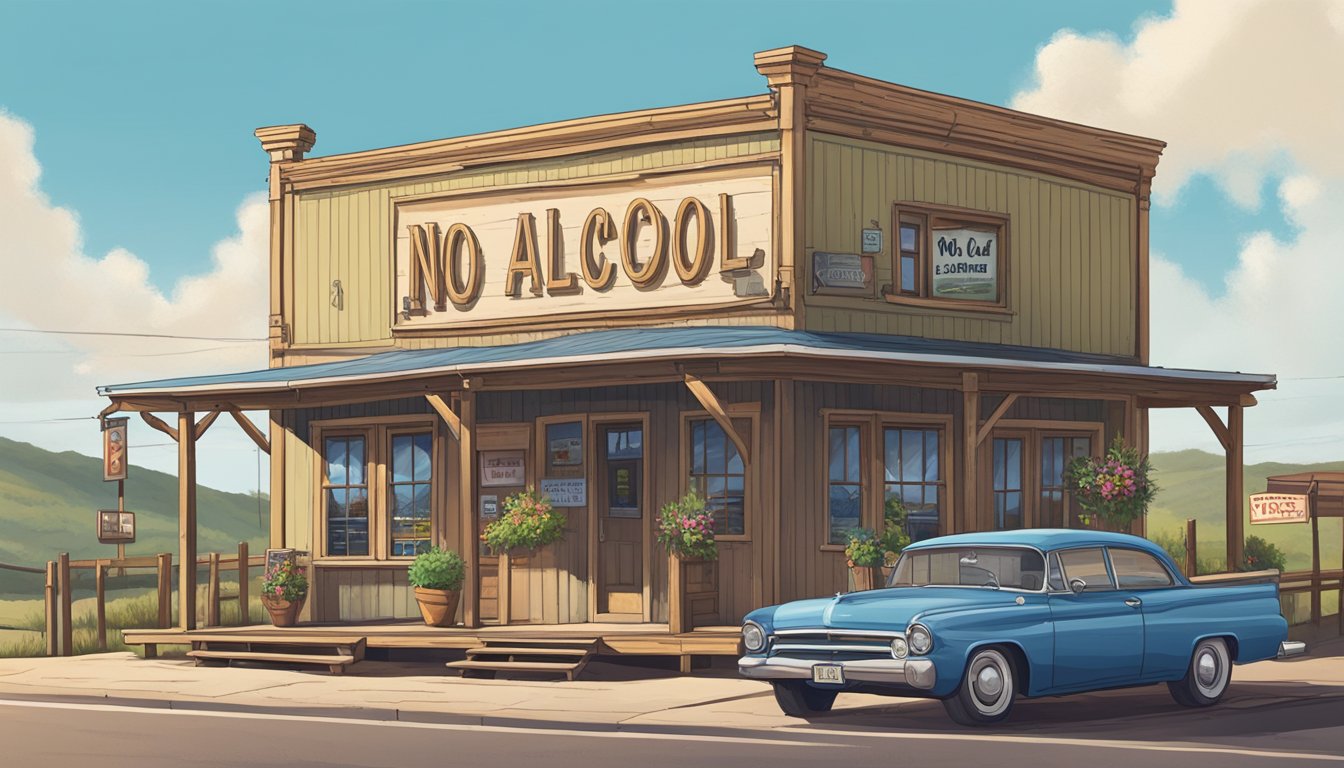 A rural Texas town with a "No Alcohol" sign outside a small bar, surrounded by rolling hills and a clear blue sky