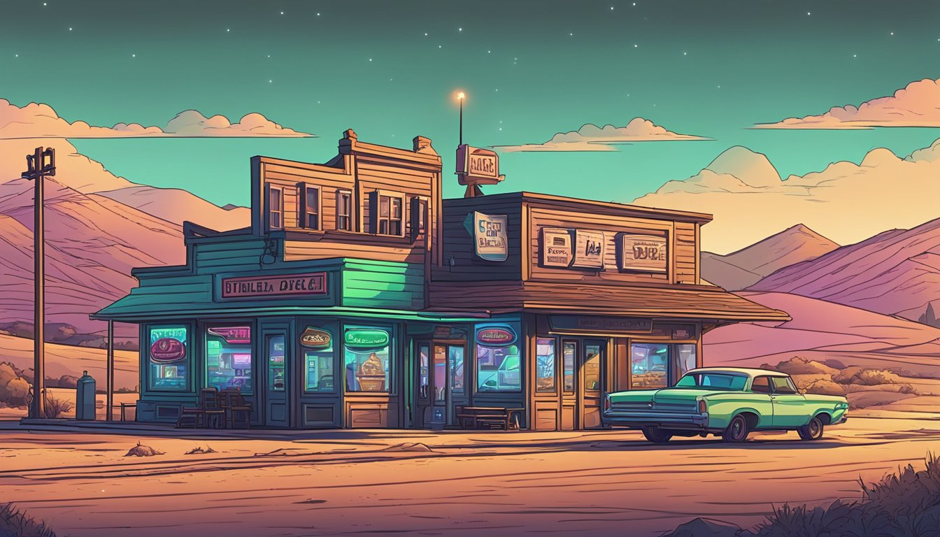 A small town bar with a neon sign, surrounded by rolling hills and a lone cowboy on horseback