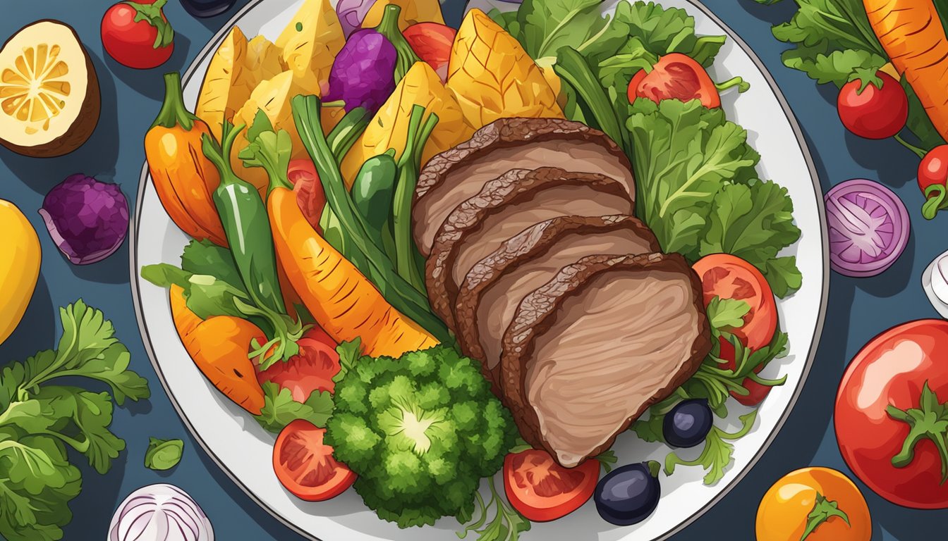 A plate of grilled ostrich meat surrounded by colorful vegetables and fruits, showcasing its lean and healthy qualities