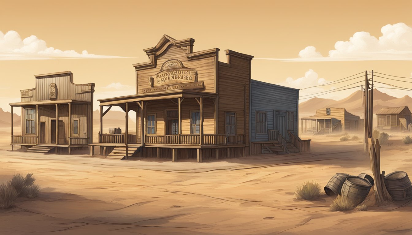 A rustic Texan town with a courthouse and old saloon, surrounded by dry, dusty plains