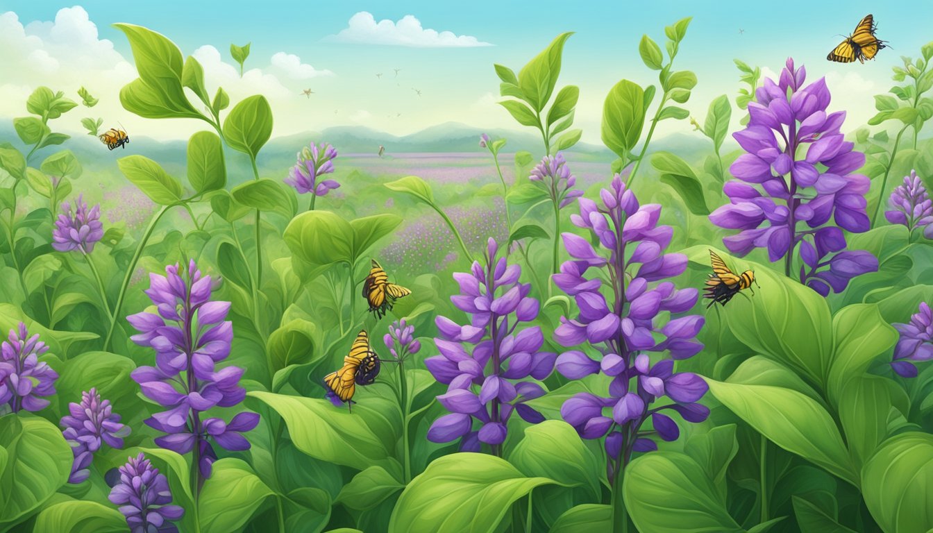 A lush field of cowpeas, with vibrant green leaves and delicate purple flowers, surrounded by buzzing pollinators and birds