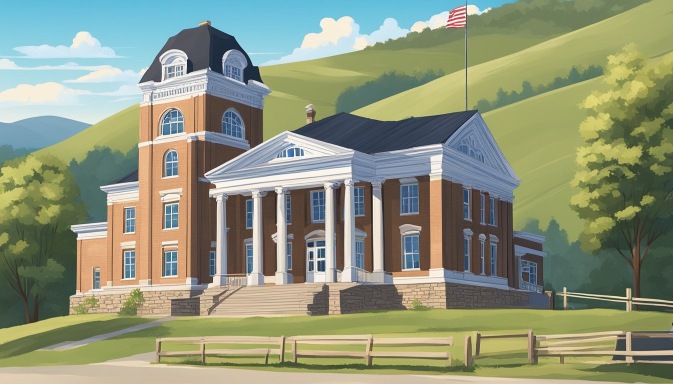 A rustic county courthouse with a prominent sign displaying "Madison County Alcohol and Drinking Laws" stands against a backdrop of rolling hills and a clear blue sky