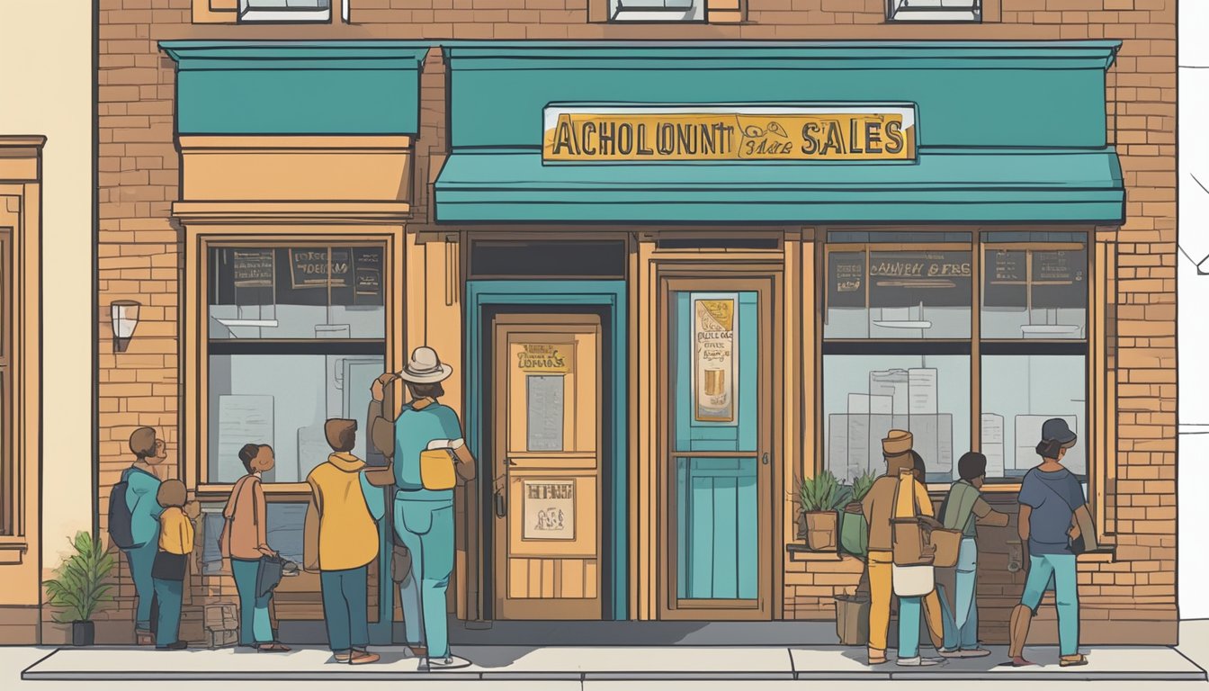 A storefront with a sign displaying "Alcohol Sales Regulations" and "Montague County Texas." A line of customers waits to enter