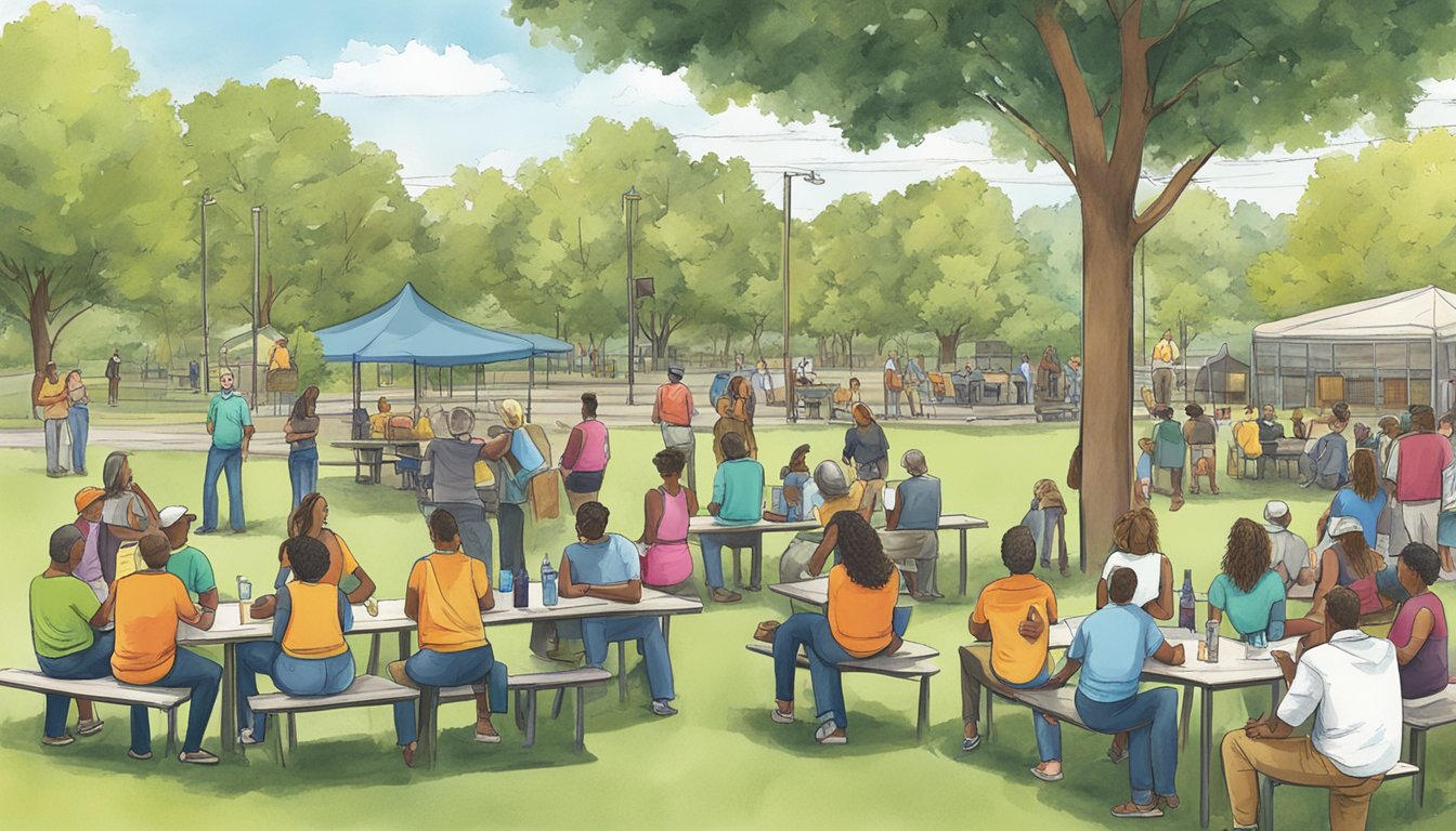 A group of people gathered at a local park, with signs displaying "Community Health and Safety Regulations" and "Madison County Texas Alcohol and Drinking Laws" prominently posted