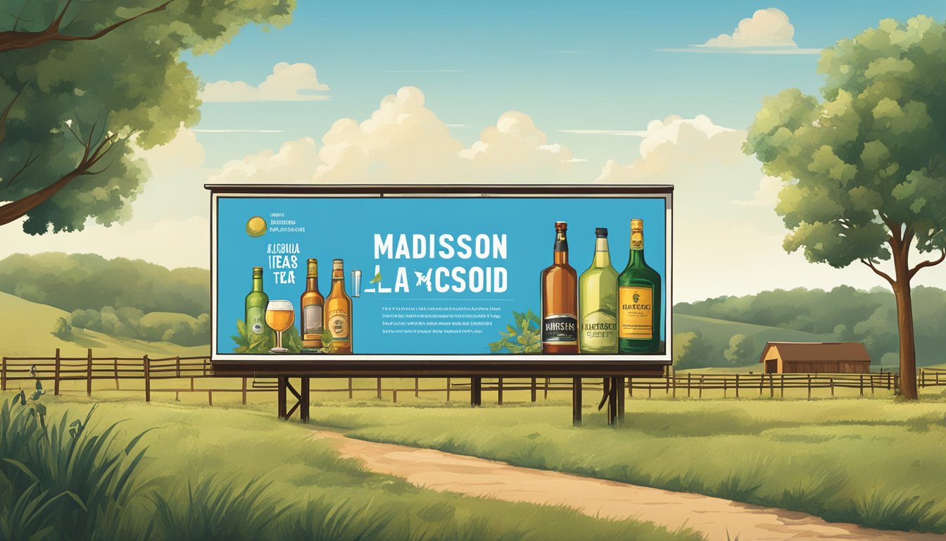 A billboard in a rural setting with a clear blue sky, featuring images related to alcohol and a list of Madison County Texas alcohol laws