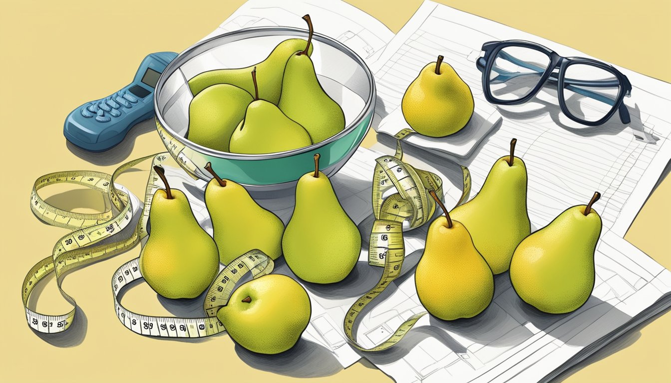 A bowl of sliced nashi pears surrounded by a tape measure, scale, and running shoes, symbolizing weight management and health benefits