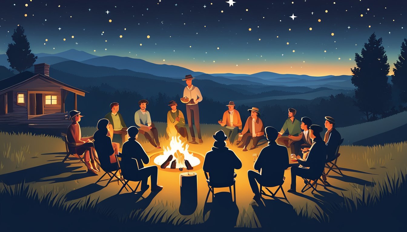 A group of people gathered around a bonfire, with a variety of alcoholic beverages on a table nearby. The scene is set in a rural area with a backdrop of rolling hills and a starry night sky