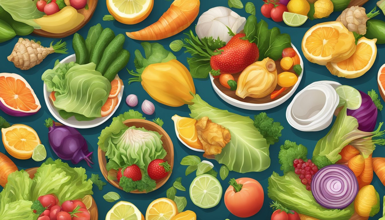 A colorful illustration of a variety of conch dishes surrounded by fresh fruits and vegetables, conveying the health benefits of conch for dietary considerations and weight management