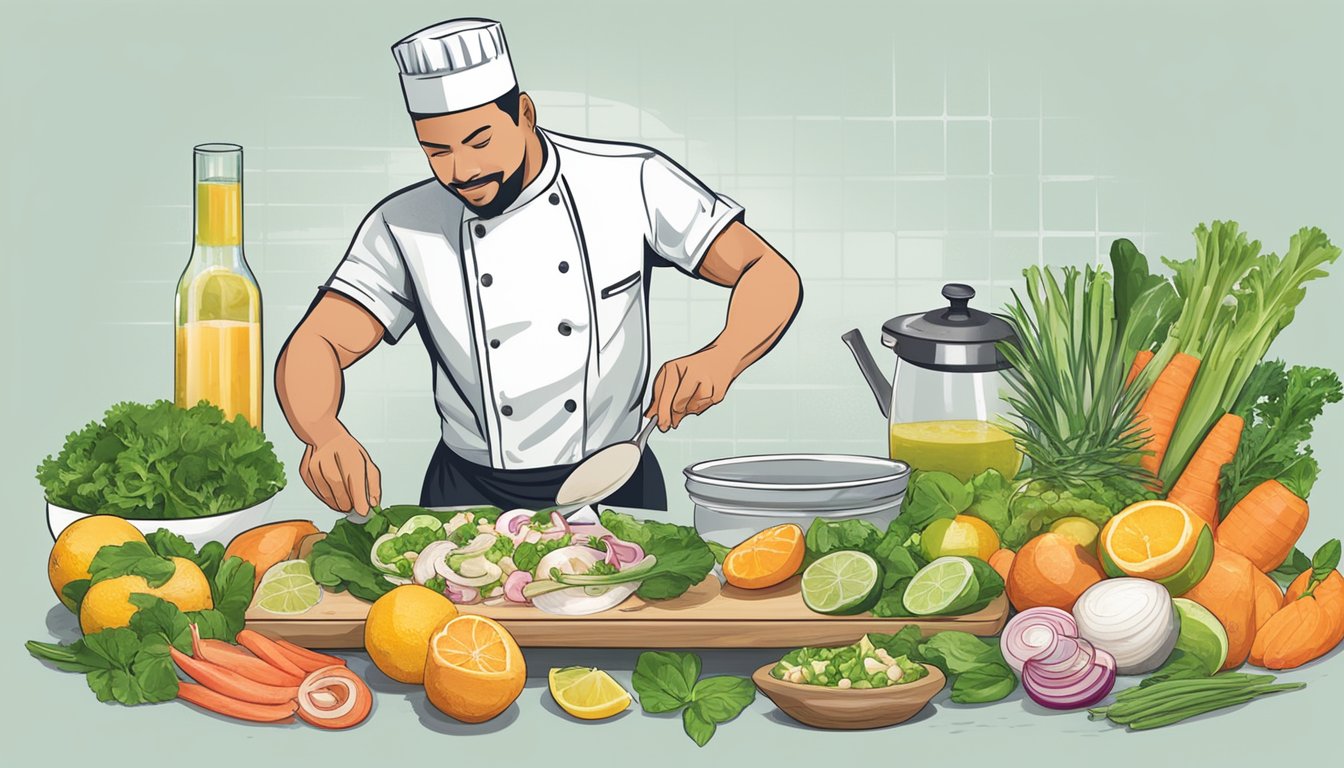 A chef preparing conch ceviche with fresh vegetables and citrus juice, highlighting the health benefits of conch as a lean source of protein and essential nutrients