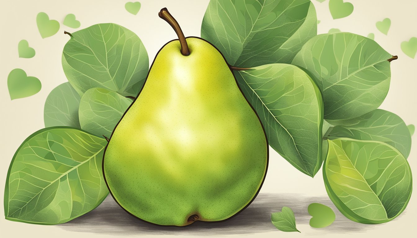 A nashi pear surrounded by heart-shaped leaves, with a heartbeat line wrapping around it