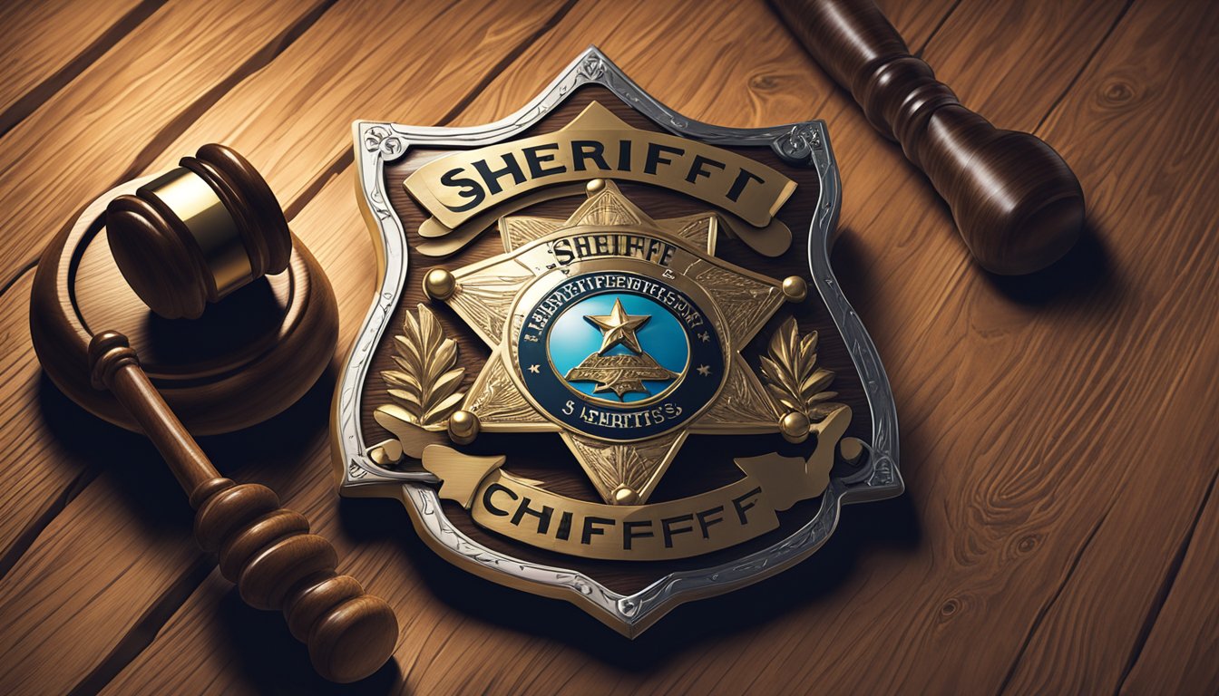 A sheriff's badge and a gavel on a wooden desk in a dimly lit courtroom