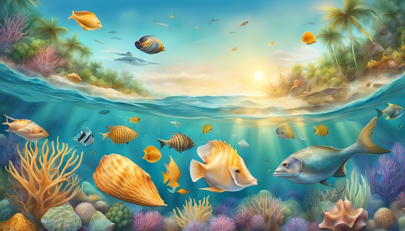 A vibrant underwater scene with conch shells surrounded by diverse marine life, illustrating the interconnectedness and health benefits of sustainable conch consumption