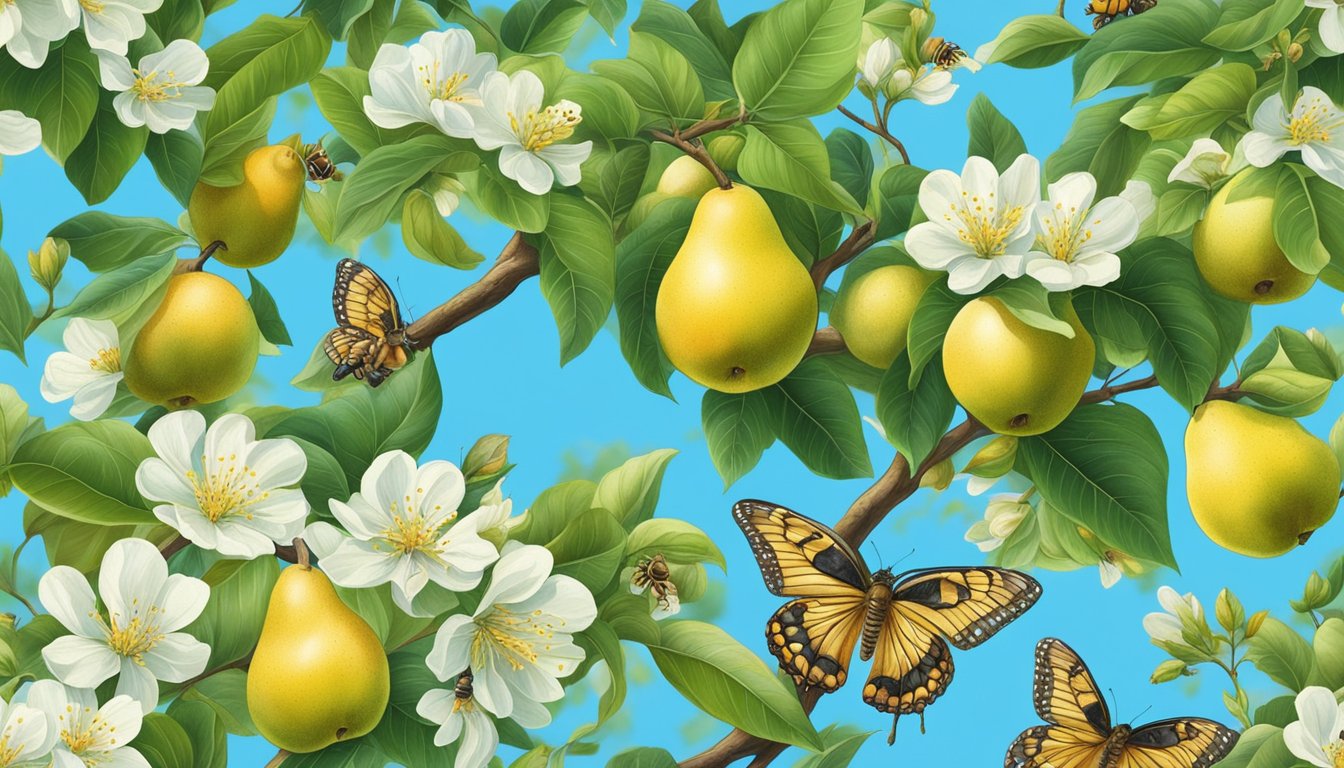 A vibrant nashi pear tree surrounded by buzzing bees and butterflies, with a backdrop of lush green foliage and a clear blue sky