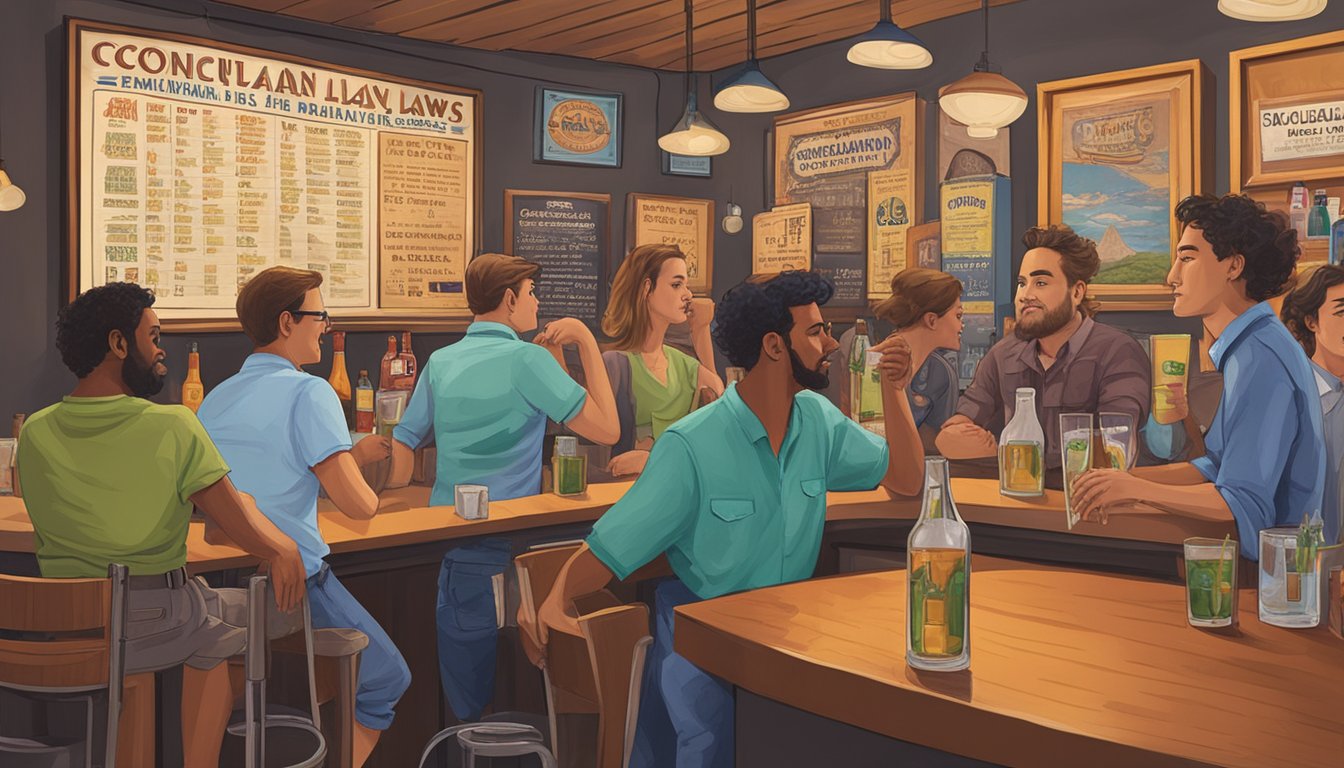 A group of people enjoying drinks at a bar, while a sign displaying "Consumption Regulations" and "mclennan county texas alcohol and drinking laws" is prominently displayed on the wall