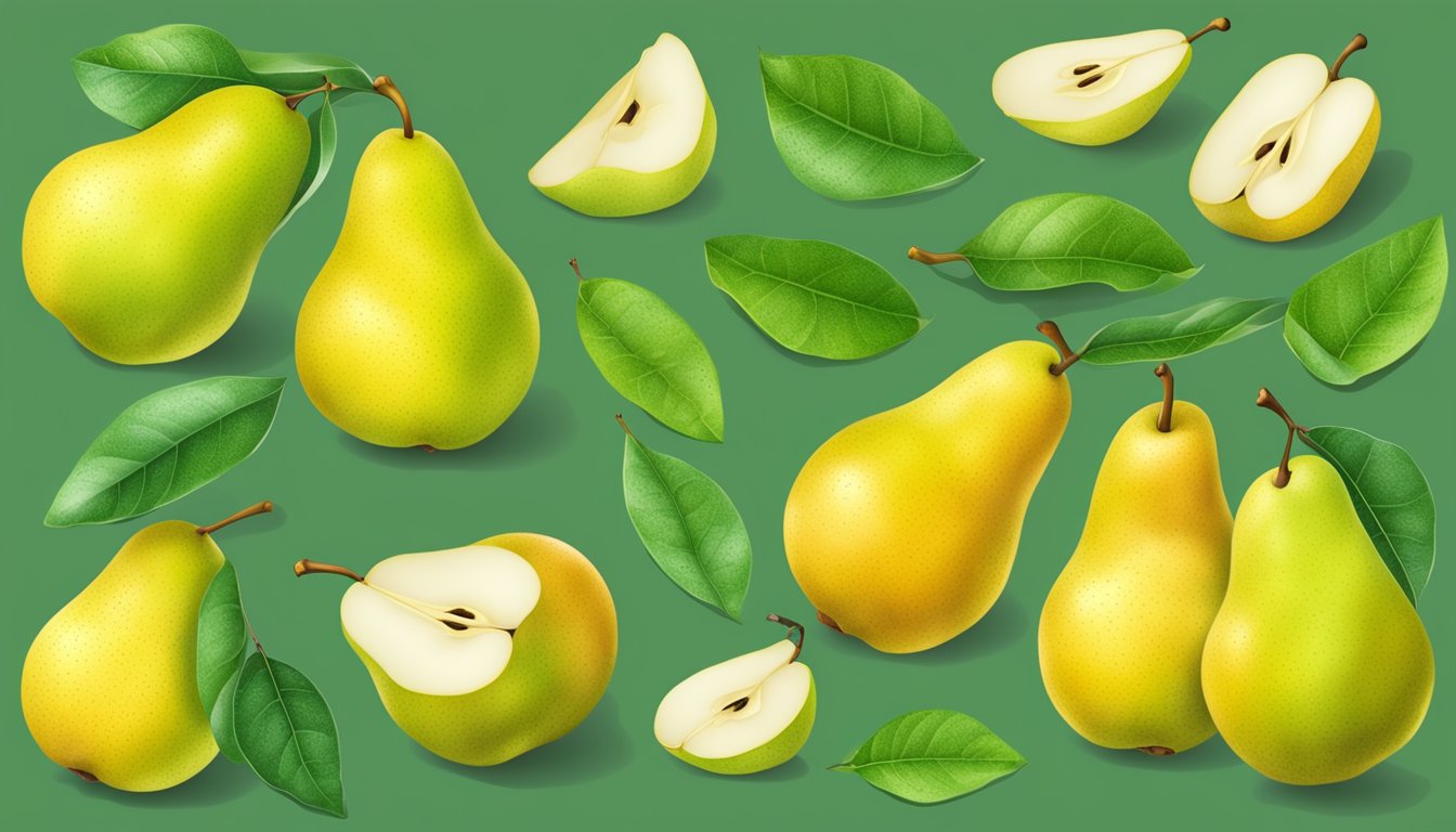 A ripe nashi pear surrounded by vibrant green leaves, with a dewy, smooth skin and a juicy, sweet aroma