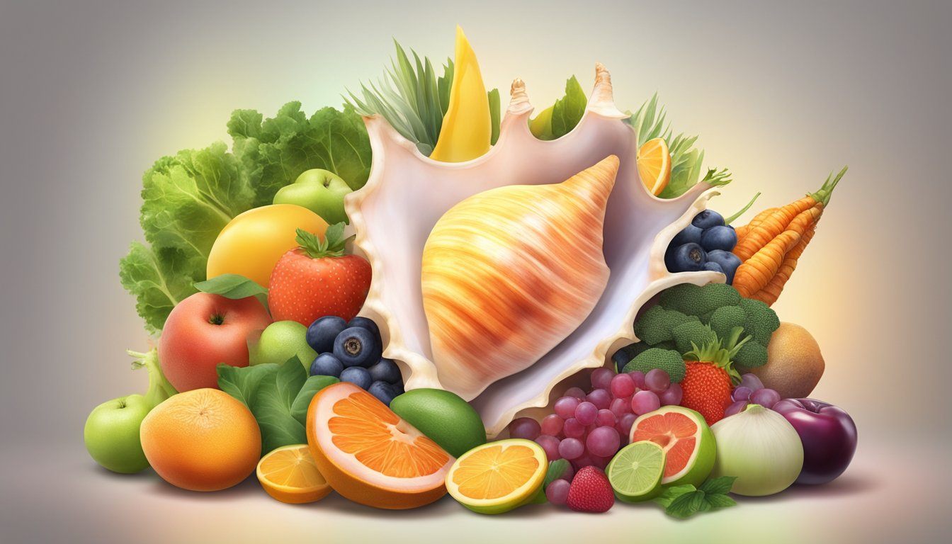 A conch shell surrounded by a variety of fruits, vegetables, and seafood, with a glowing aura emanating from it, symbolizing the potential health benefits and nutritional value of conch