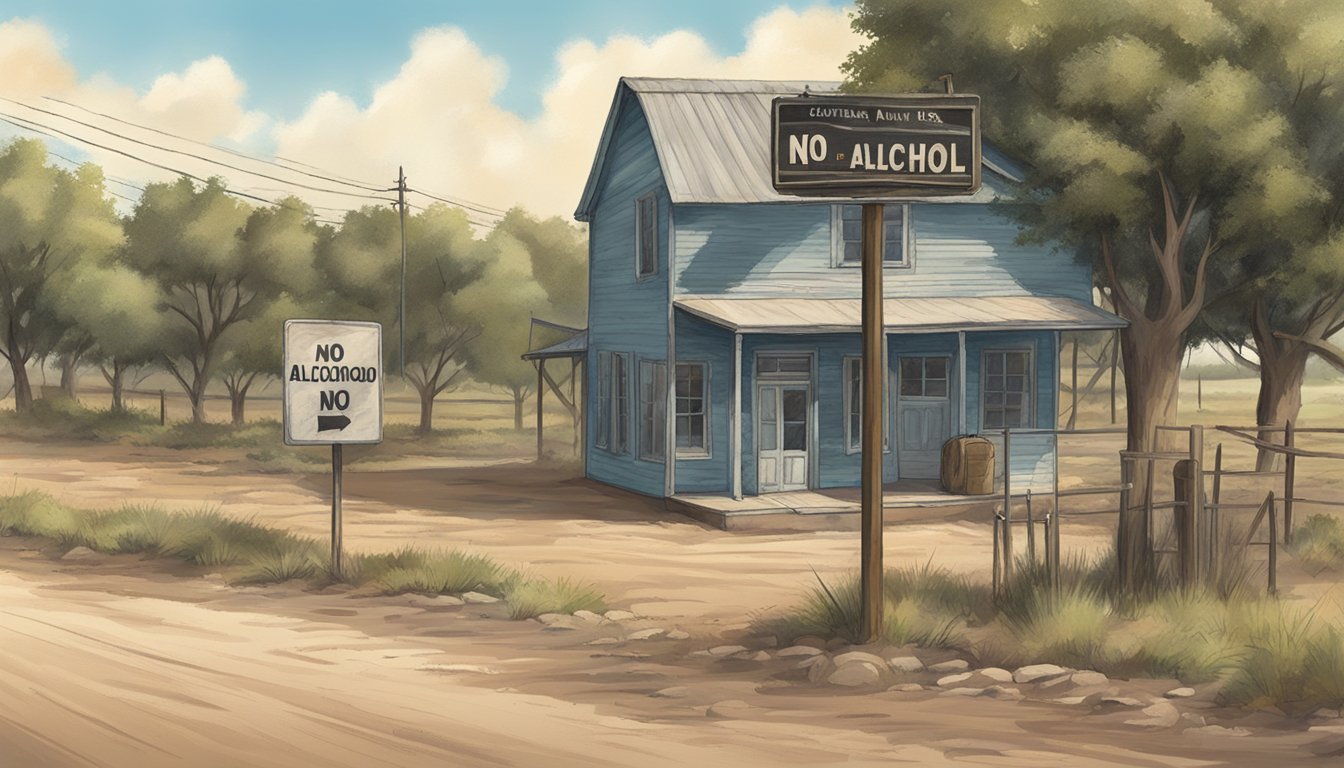 A dusty, rural landscape in Loving County, Texas, with a prominent "No Alcohol" sign displayed near a local establishment