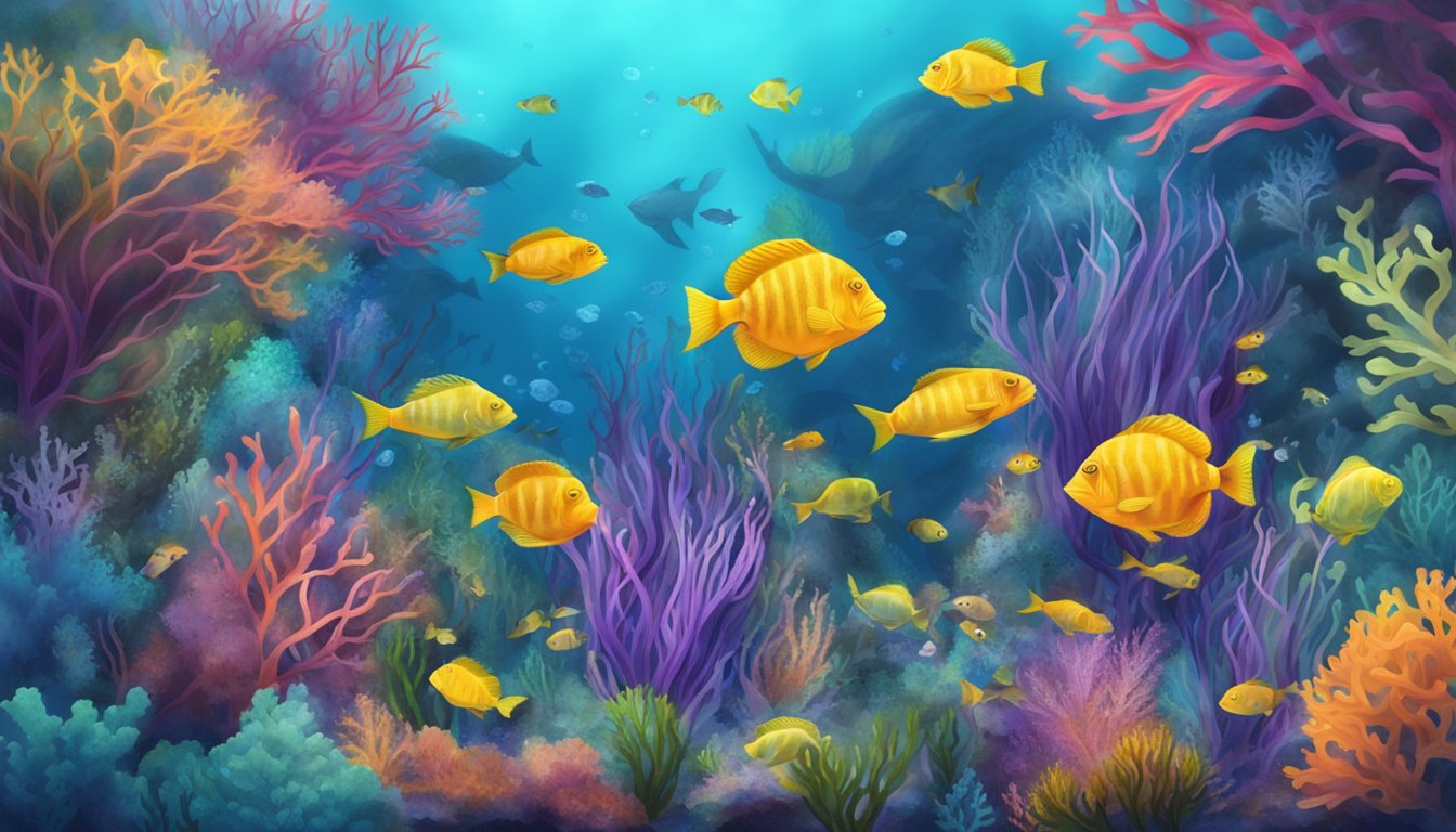 A vibrant underwater scene with a variety of seaweed, including dulse, swaying gently in the currents, surrounded by colorful fish and other marine life