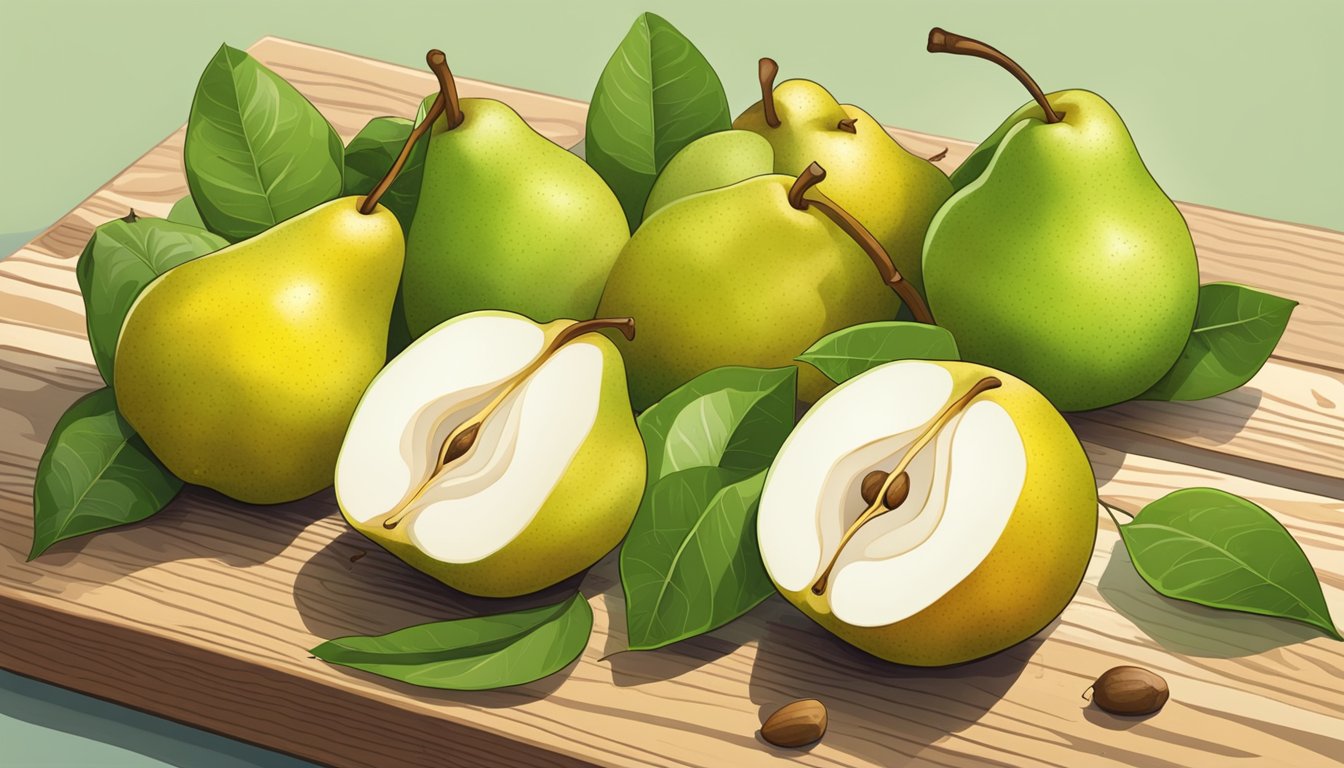 A colorful array of nashi pears arranged on a wooden cutting board, surrounded by fresh green leaves and a few scattered seeds