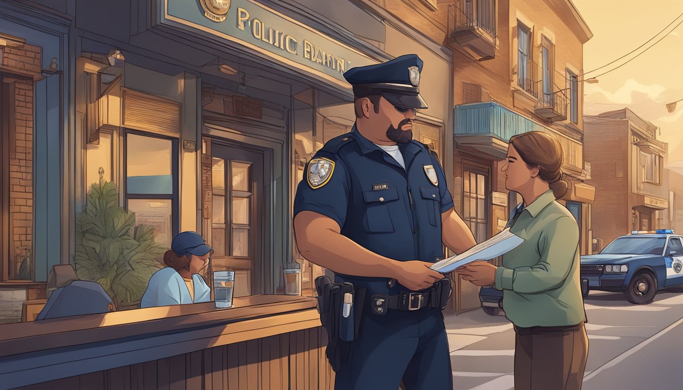 A police officer handing a citation to a person outside a bar