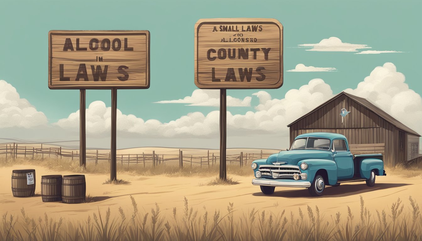 A dusty rural landscape with a small, weathered sign displaying alcohol laws in Loving County, Texas