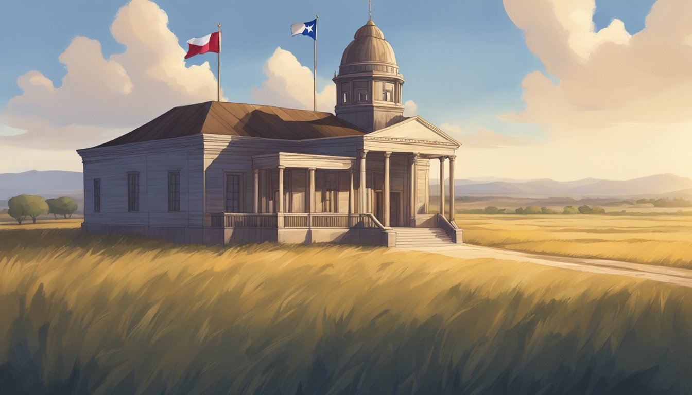 A rustic courthouse with a Texas flag flying, surrounded by open fields and a small town in the distance