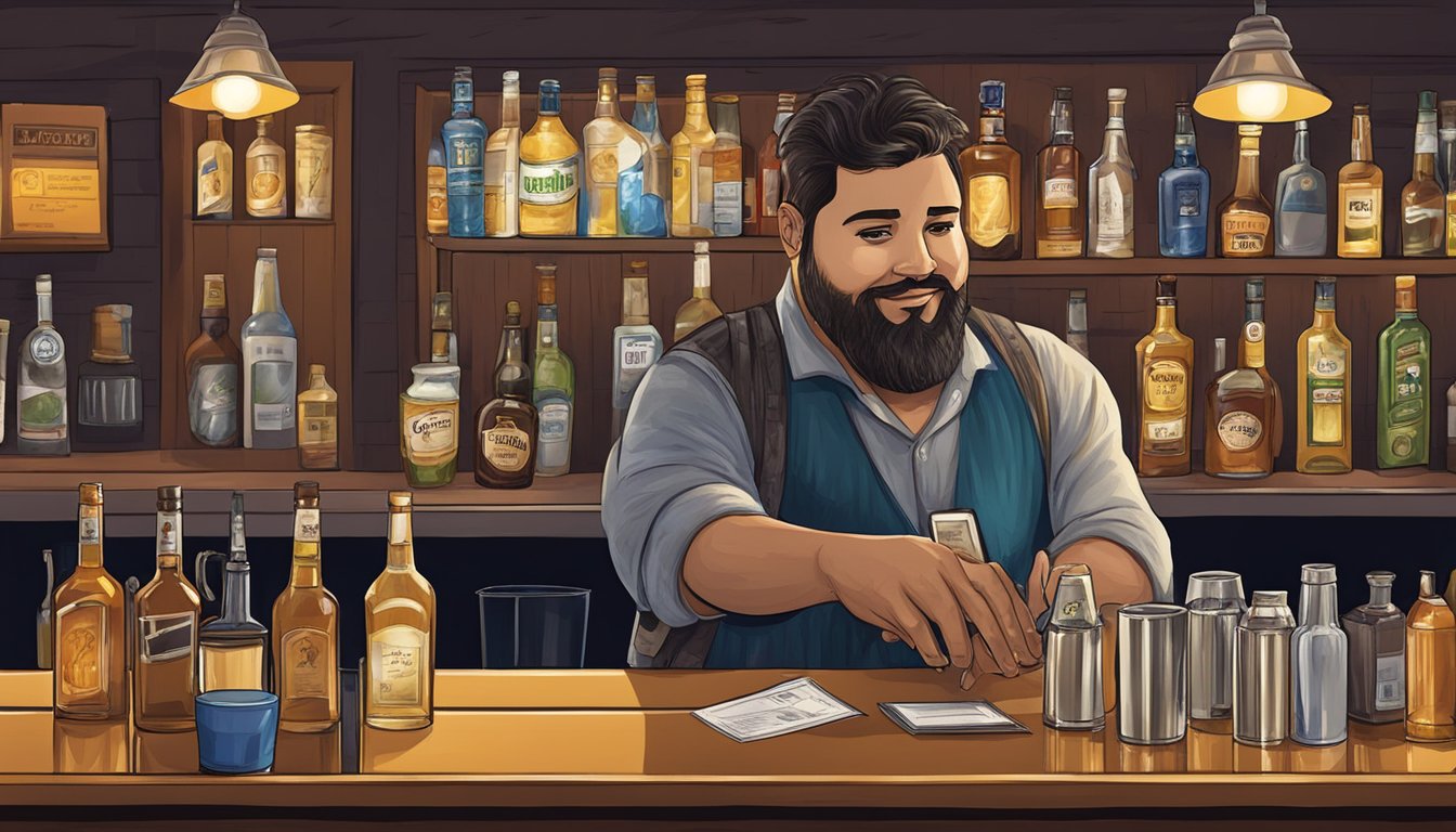 A bartender checking a customer's ID at a bar in Loving County, Texas