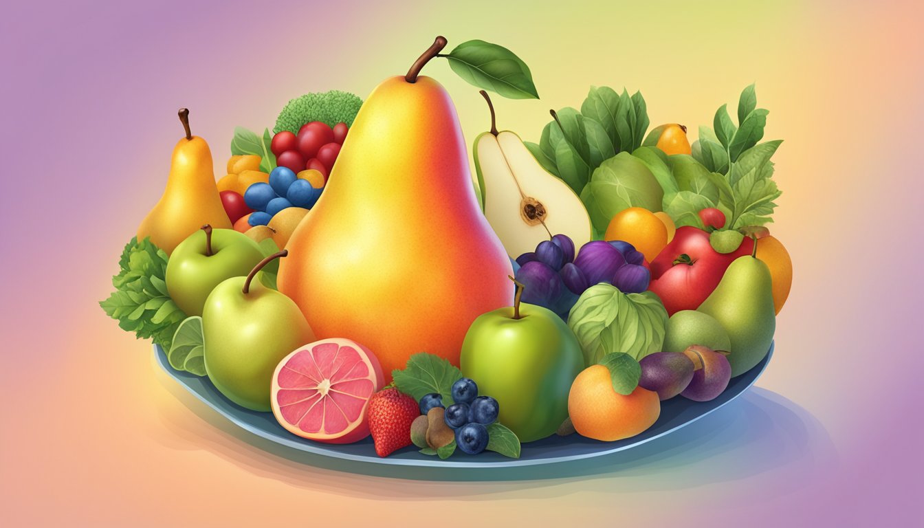 A nashi pear surrounded by colorful fruits and vegetables, with a glowing halo to symbolize its health benefits