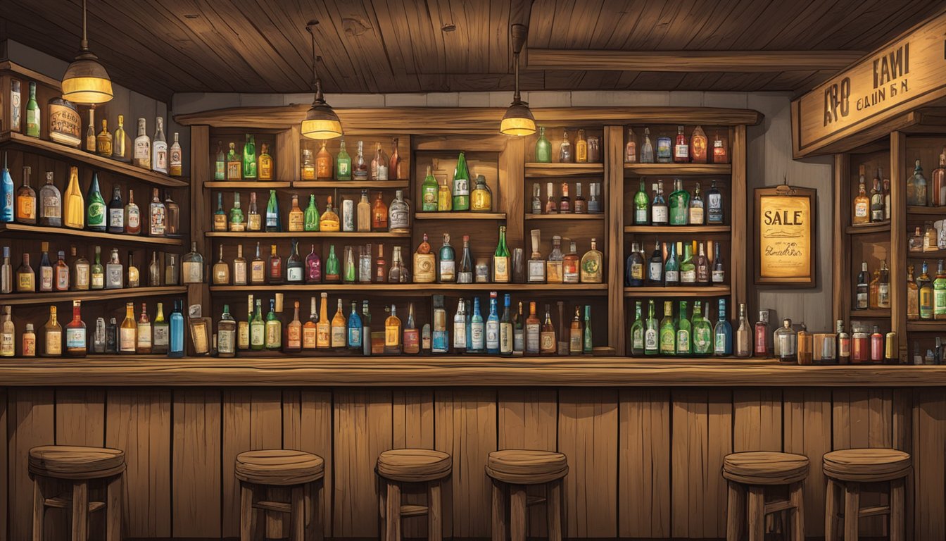 A rustic bar in Loving County, Texas, with shelves stocked with various types of alcoholic beverages and a sign indicating the sale and licensing laws