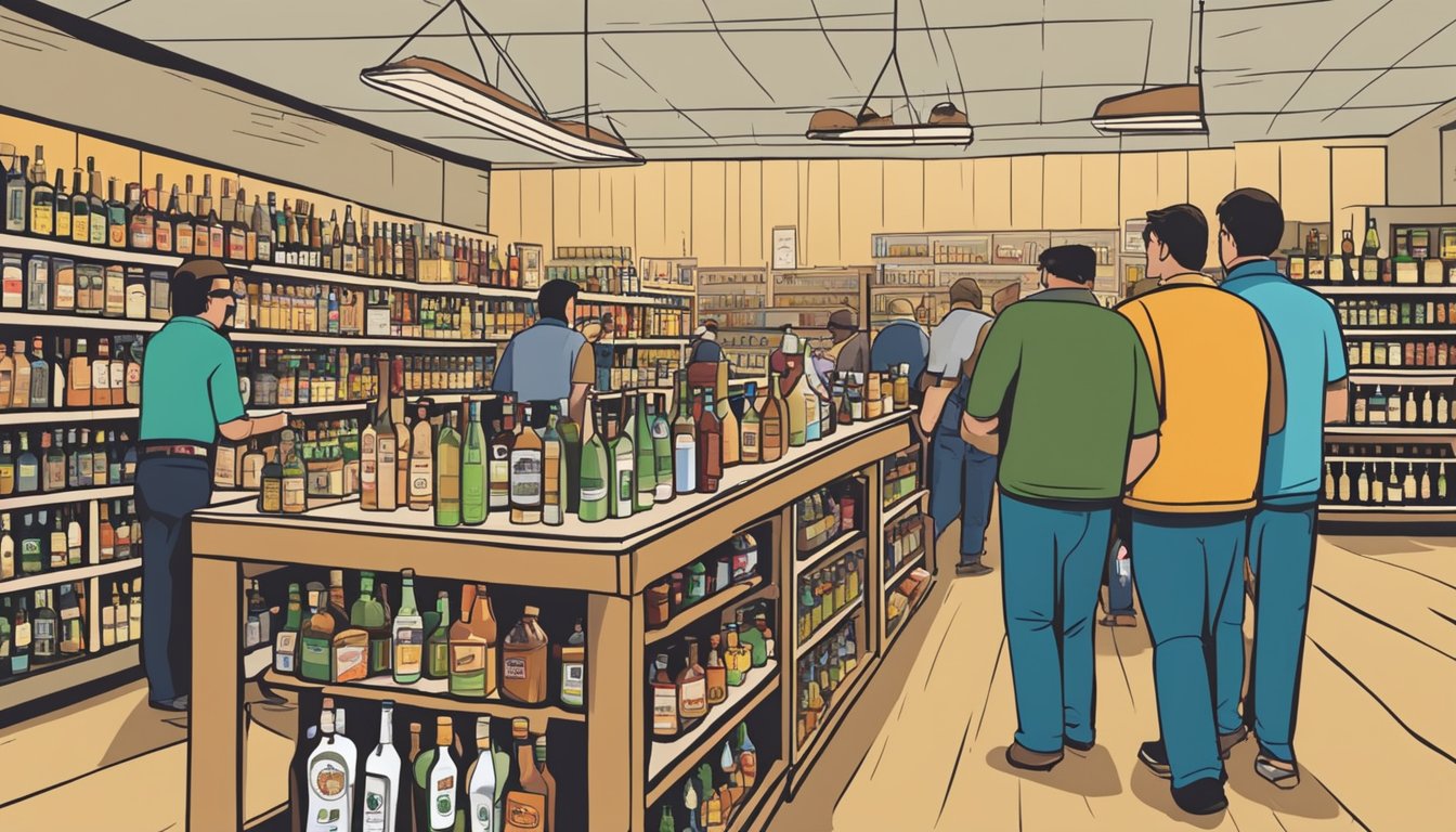 A bustling liquor store in Milam County, Texas, with shelves stocked with various alcohol bottles and customers browsing the selection