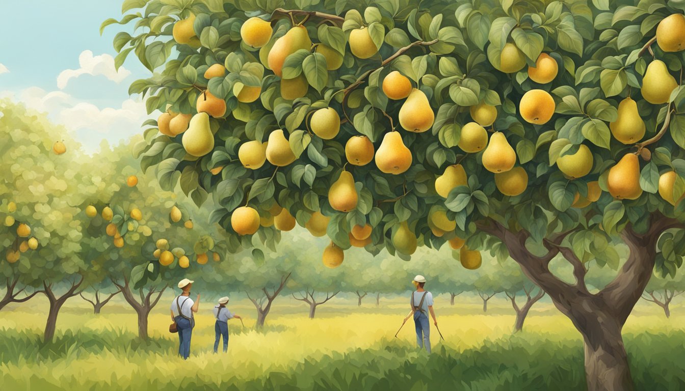 A variety of nashi pears in a lush orchard, with ripe fruits hanging from the branches and a farmer carefully selecting the healthiest ones