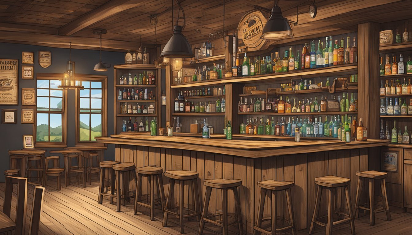 A rustic bar with Texas-themed decor, shelves stocked with various alcohol bottles, and a sign displaying county alcohol laws