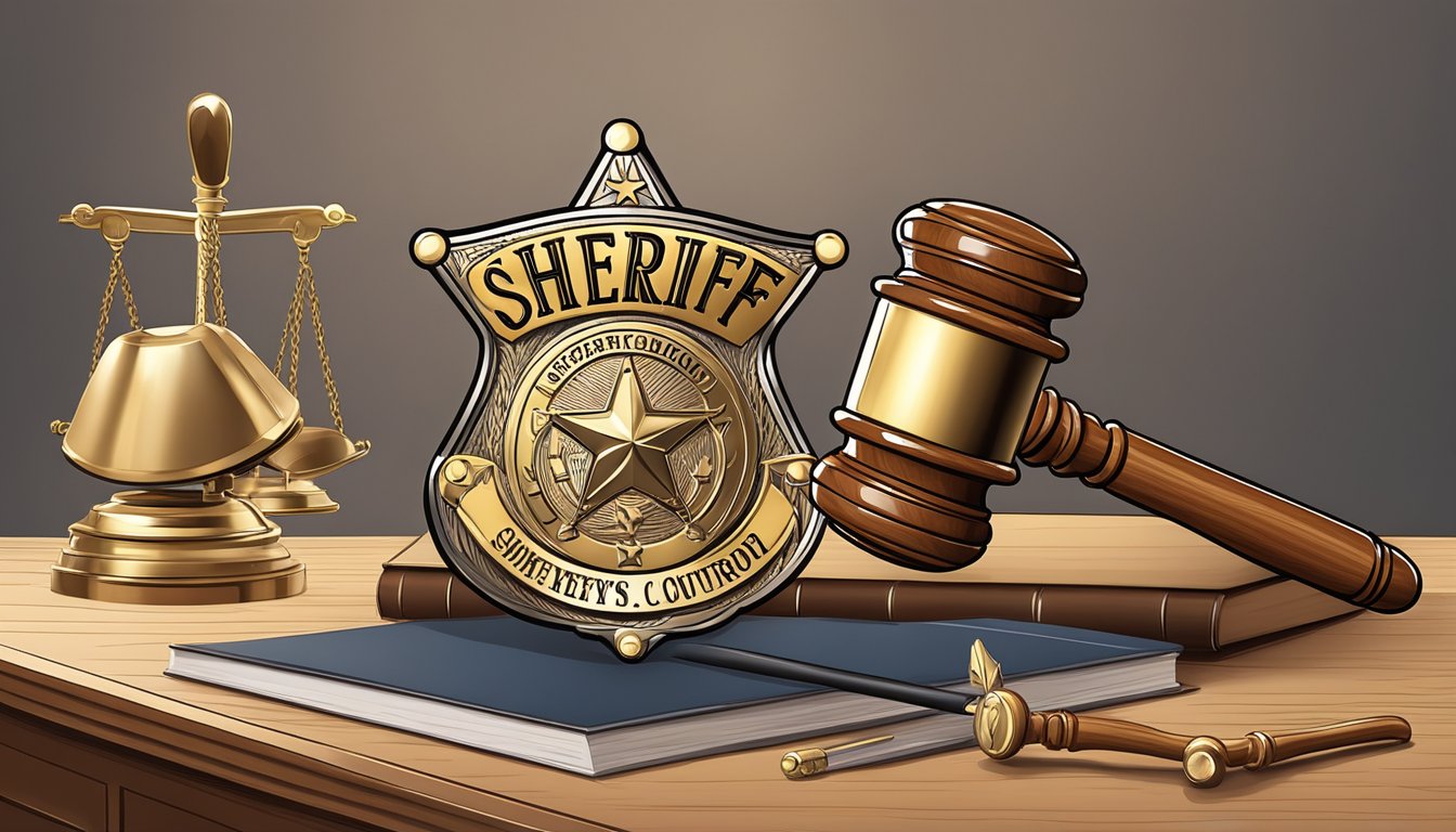 A sheriff's badge and a gavel on a courtroom desk