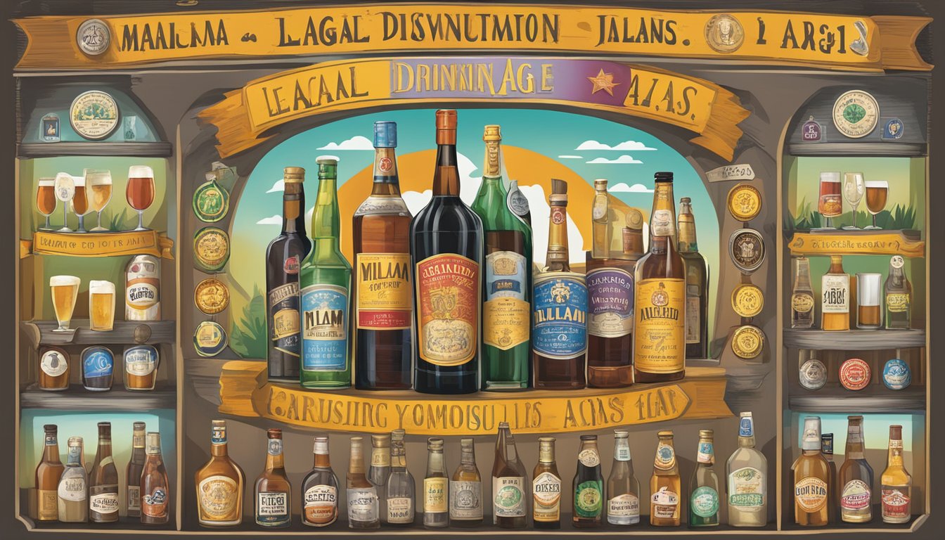 A sign displaying the legal drinking age and consumption laws for Milam County, Texas, surrounded by images of alcoholic beverages and warning symbols