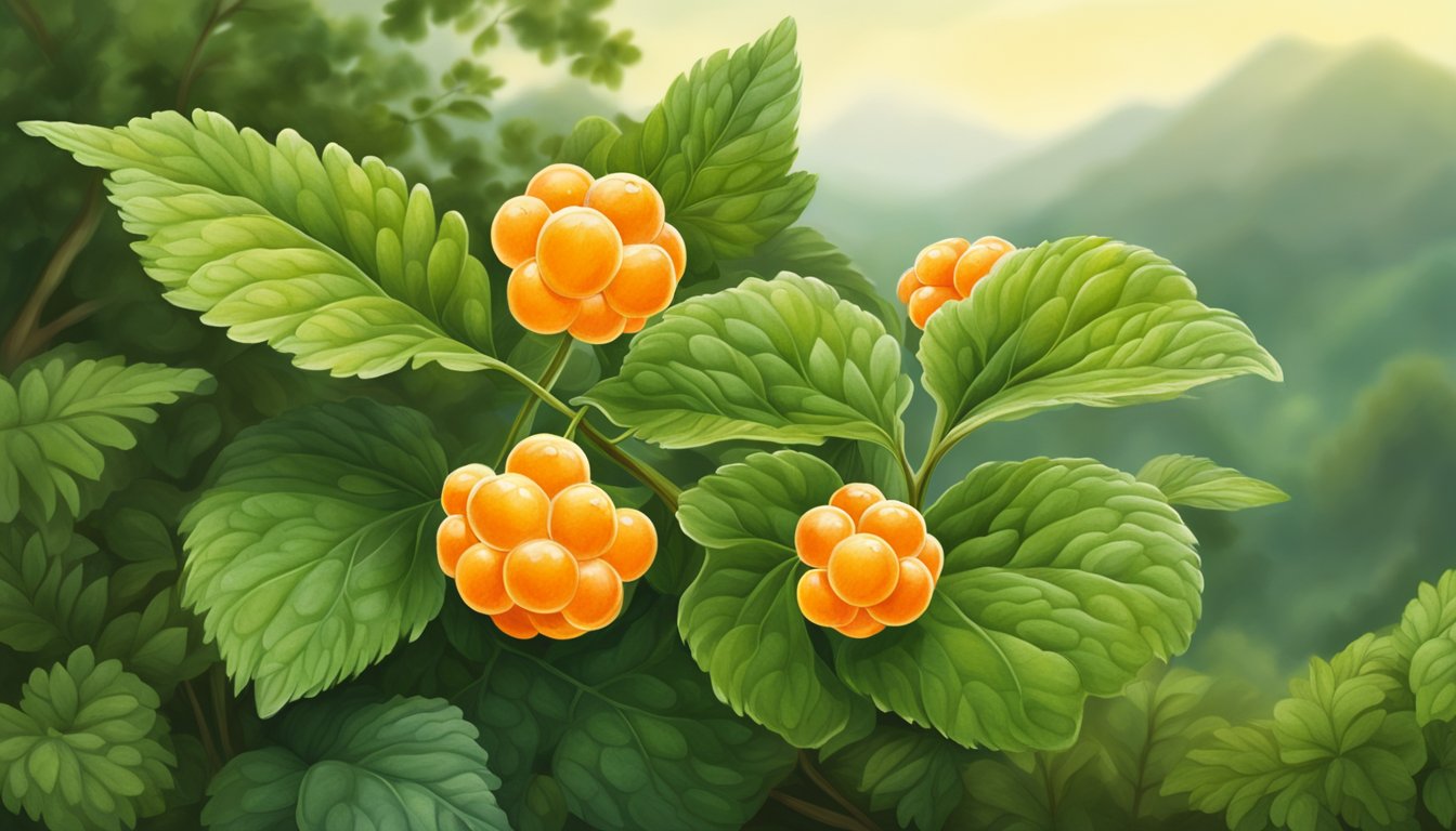 A cloudberry plant with ripe orange berries, surrounded by lush green leaves, set against a backdrop of a wild, natural landscape